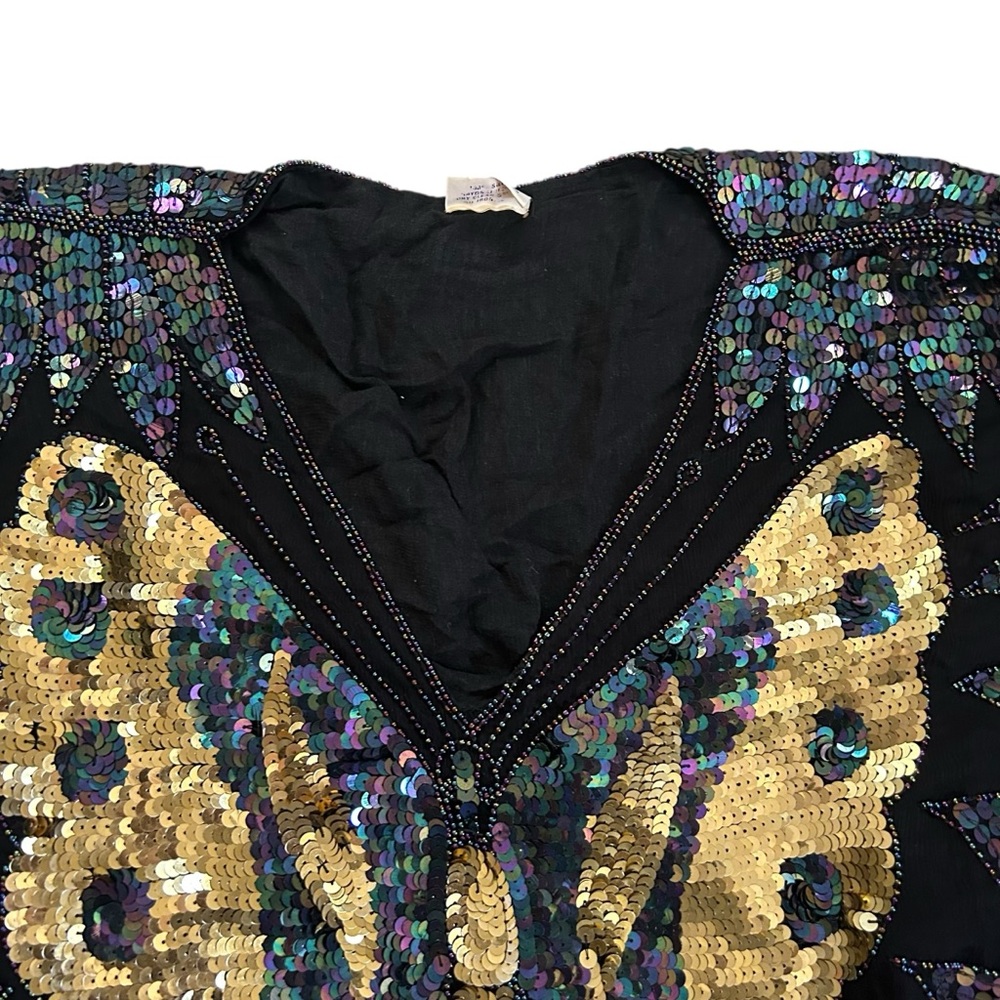 Vintage 70s Dark Rainbow & Gold Sequin Butterfly Top 100% Silk Festival Boho OS - Picture 9 of 17